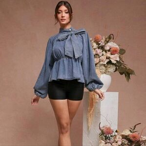 Neck Tie Balloon Sleeve Peplum Denim Top